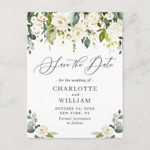 Eucalyptus White Roses Wedding Save the Date Postcard