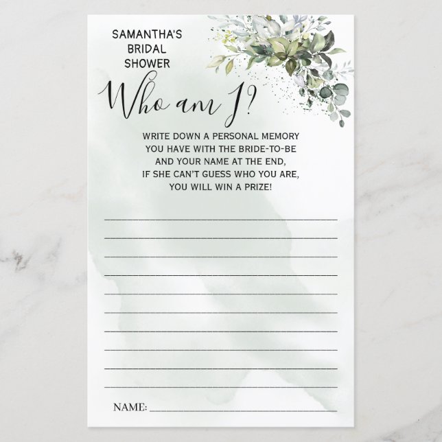 Eucalyptus Who am I bridal shower bilingual game (Front)