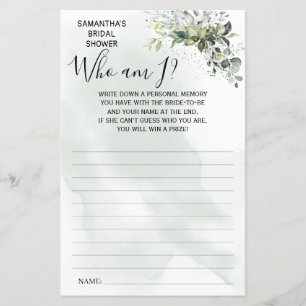 Eucalyptus Who am I bridal shower bilingual game