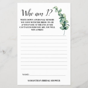 Eucalyptus Who am I? Bridal Shower Game Card