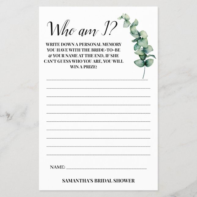 Eucalyptus Who am I? Bridal Shower Game Card (Front)