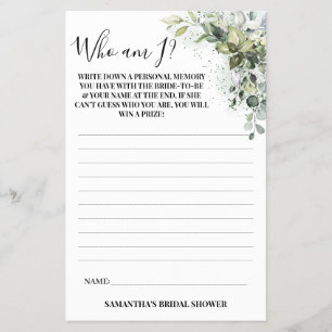 Eucalyptus Who am I? Bridal Shower Game Card