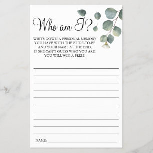 Eucalyptus Who I am Bridal shower game card
