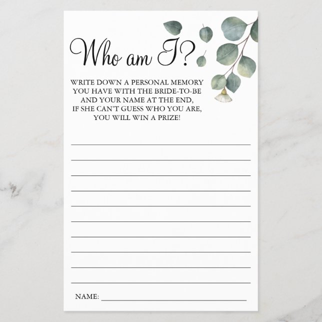 Eucalyptus Who I am Bridal shower game card (Front)