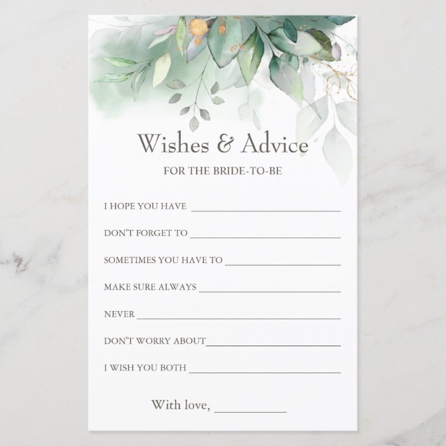 Eucalyptus Wishes & Advice Bridal Shower Game (Front)