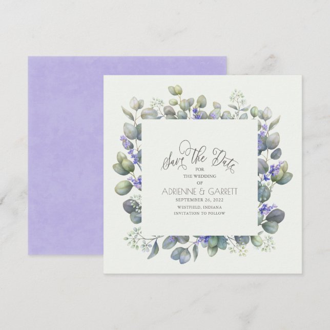 Eucalyptus With Lavender Flowers Square Wedding Save The Date (Front/Back)