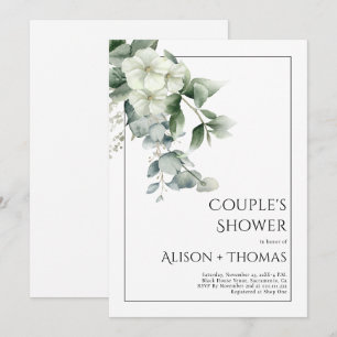 Eucalyptus with white flowers couple's shower invitation