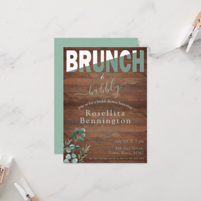 Eucalyptus Wood Brunch and Bubbly Bridal Shower Invitation (Front/Back In Situ)