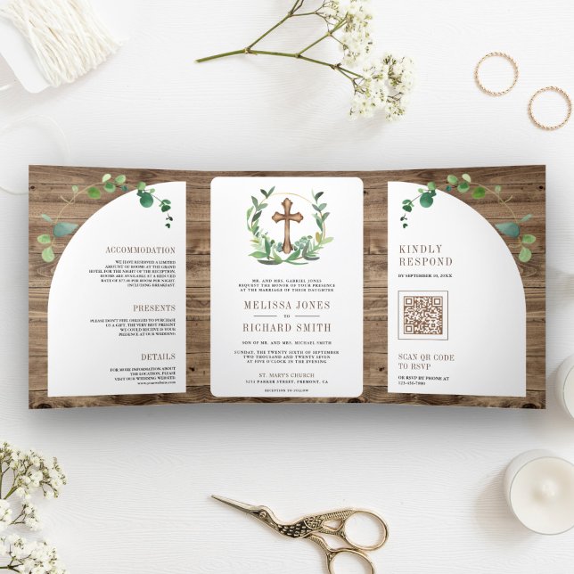 Eucalyptus Wood Cross All in One Catholic Wedding Tri-Fold Invitation (Creator Uploaded)