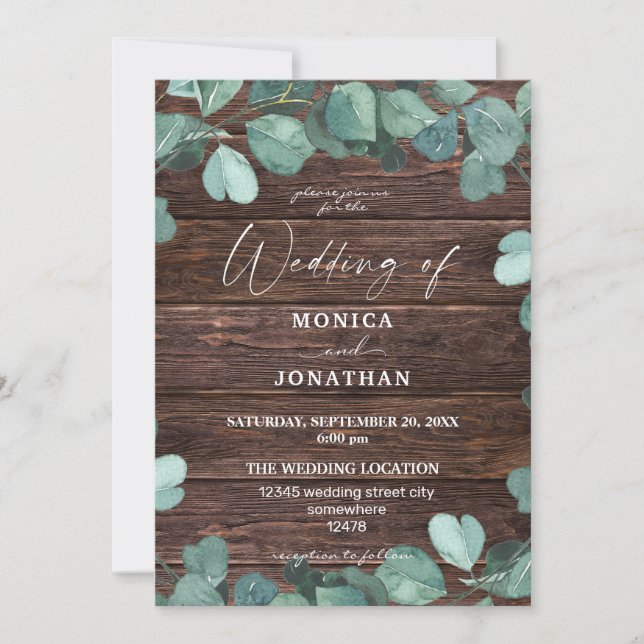 Eucalyptus & Wood Greenery Wedding Invitation (Front)