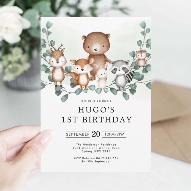 Eucalyptus Woodland Animals Greenery 1st Birthday Invitation (Creator Uploaded)