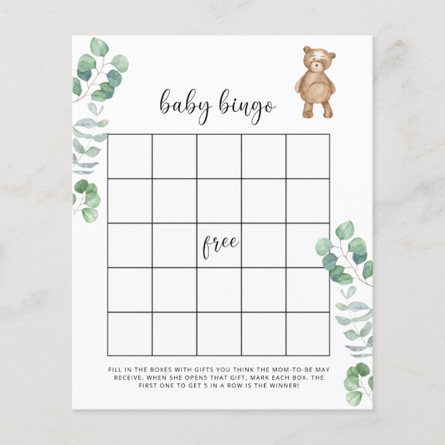 Eucalyptus woodland Baby shower bingo game (Front)