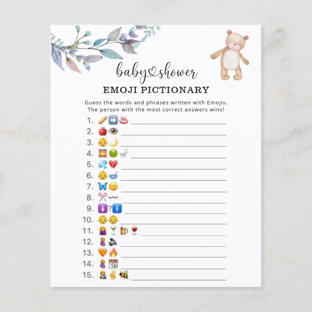 Eucalyptus woodland Emoji picture game baby shower (Front)