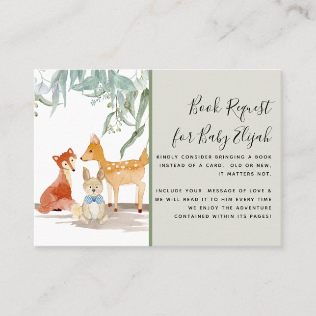 Eucalyptus Woods Deer Fox Rabbit Baby Shower Books Business Card (Front)