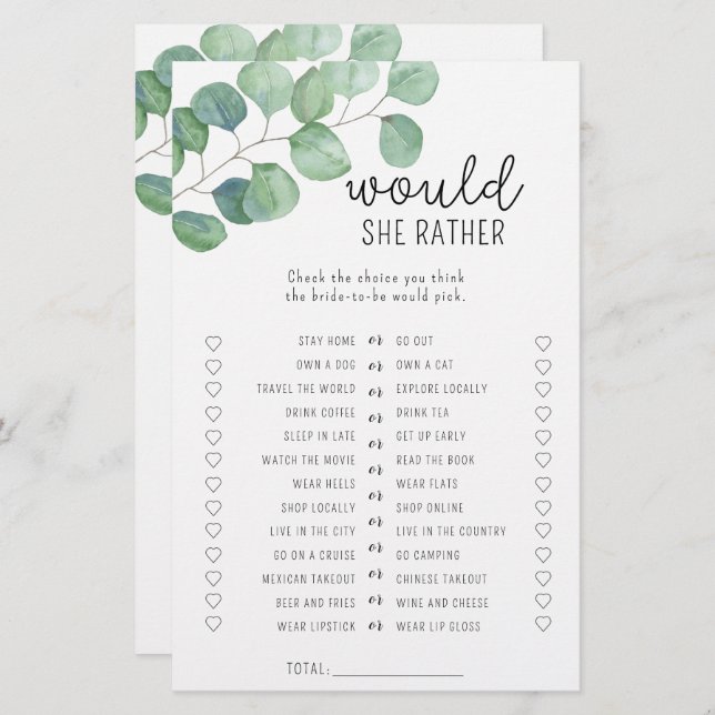 Eucalyptus - Would she rather bridal shower game (Front/Back)