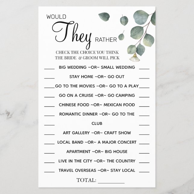 Eucalyptus Would They Rather shower game card (Front)