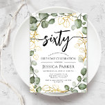 Eucalyptus Wreath 60th Birthday Party Invitation<br><div class="desc">60th Birthday Party Invitation. Elegant floral botanical design in green white and faux glitter gold. Classy modern design featuring hand painted watercolor greenery eucalyptus wreath and script font. Perfect for a stylish sixtieth bday celebration. Personalise with your own details. Can be customised for any age! Printed Zazzle invitations or instant...</div>