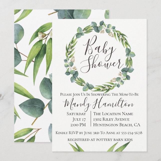 Eucalyptus Wreath Baby Shower Invitation (Front/Back)