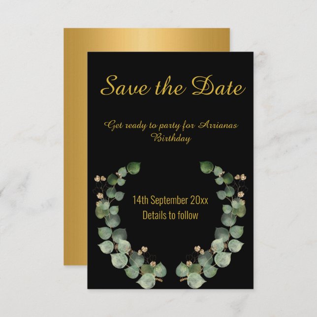 EUCALYPTUS WREATH BLACK GOLD RESPONSE RSVP CARD (Front/Back)