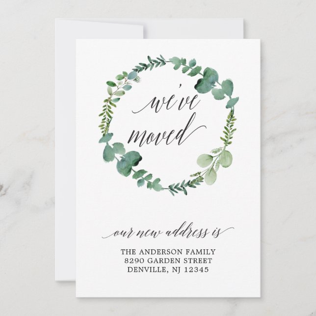 Eucalyptus Wreath Calligraphy Script Moving Announcement (Front)