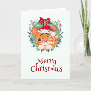 Eucalyptus Wreath Cute Tiger Christmas Holiday Card