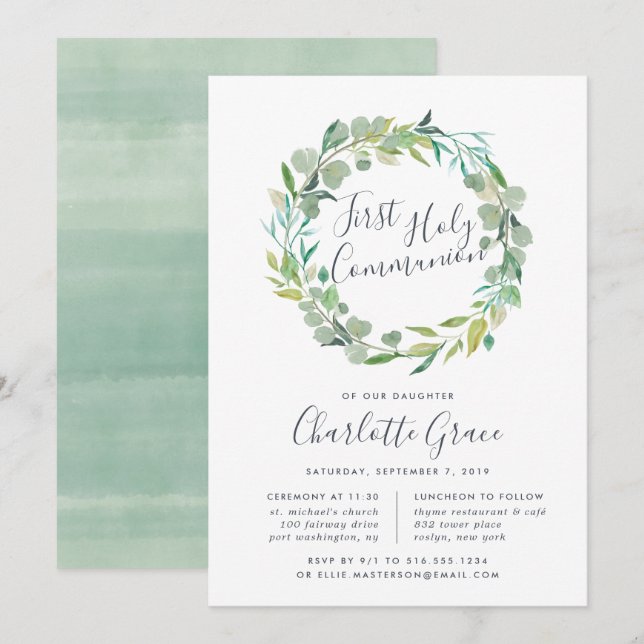 Eucalyptus Wreath First Holy Communion Invitation (Front/Back)