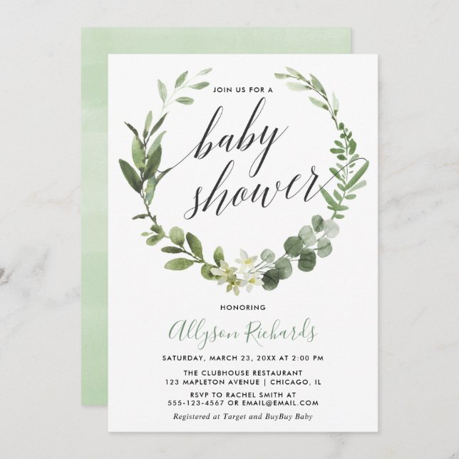 Eucalyptus wreath gender neutral baby shower invitation (Front/Back)