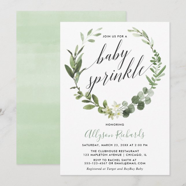 Eucalyptus wreath gender neutral baby sprinkle invitation (Front/Back)