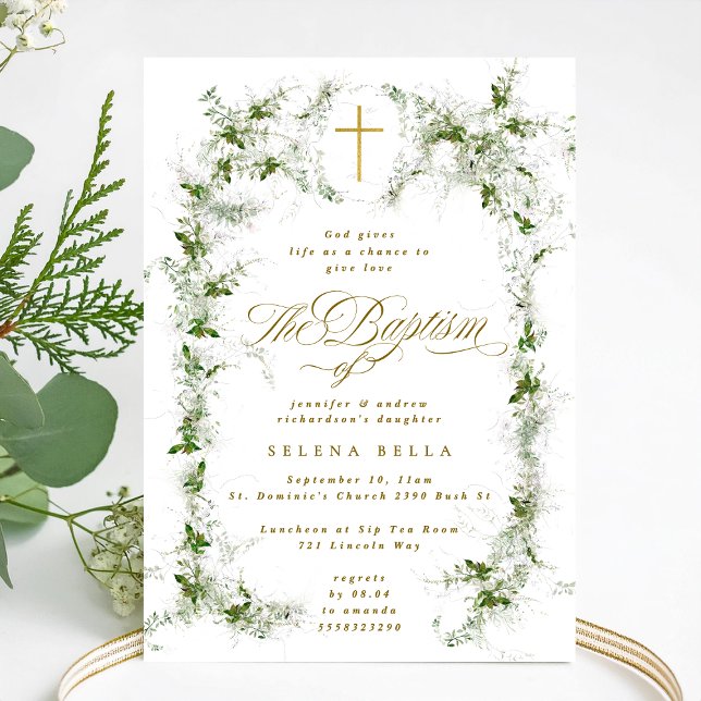Eucalyptus Wreath Gold Cross Baptism Invitation (Creator Uploaded)