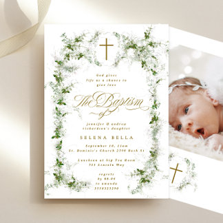 Eucalyptus Wreath Gold Cross Baptism Photo Invitation
