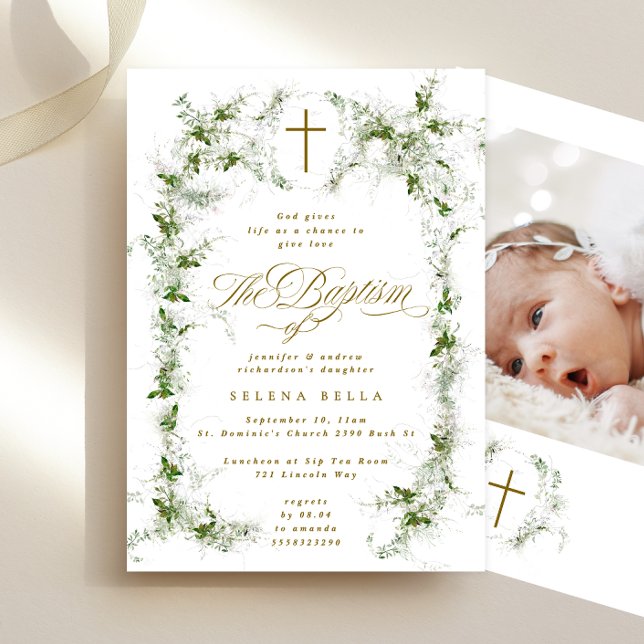 Eucalyptus Wreath Gold Cross Baptism Photo Invitation (Creator Uploaded)