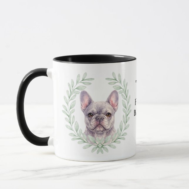 Eucalyptus Wreath Gray French Bulldog Monogram Mug (Left)