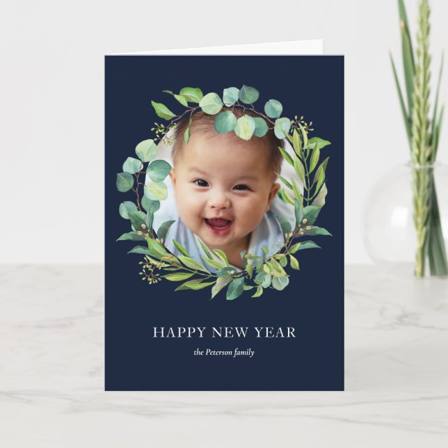 Eucalyptus Wreath | Green Foliage New Year Photo Holiday Card (Front)