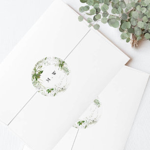 Eucalyptus Wreath Green Monogram Wedding Envelope Classic Round Sticker