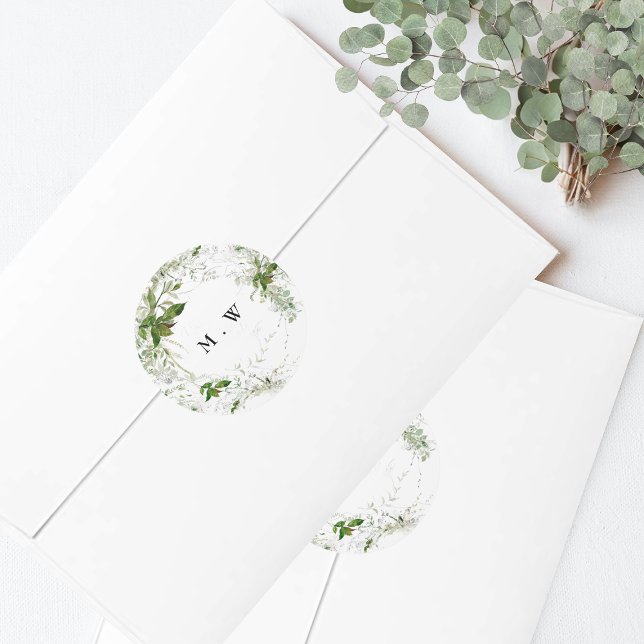 Eucalyptus Wreath Green Monogram Wedding Envelope Classic Round Sticker (Creator Uploaded)