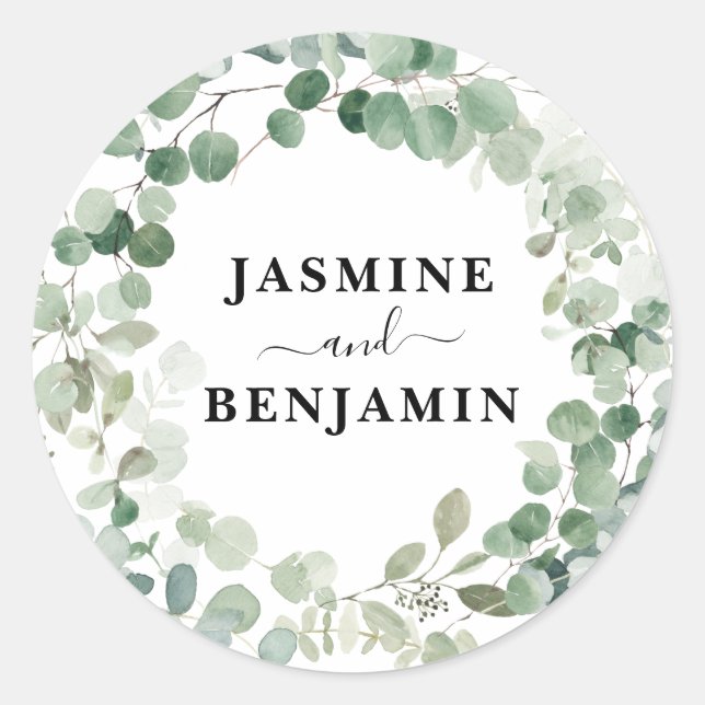 Eucalyptus Wreath Greenery Personalised Wedding Classic Round Sticker (Front)