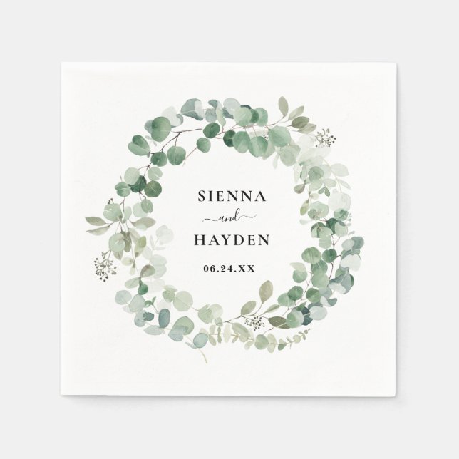 Eucalyptus Wreath Greenery Personalised Wedding Napkin (Front)