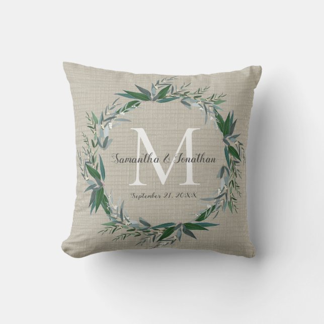 Eucalyptus Wreath Monogram Chic Wedding Keepsake Cushion (Front)
