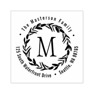 Eucalyptus Wreath Monogram Family Return Address Rubber Stamp