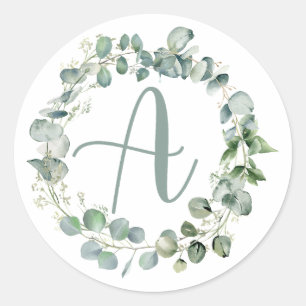 Eucalyptus Wreath Monogram Typography Initial A  Classic Round Sticker