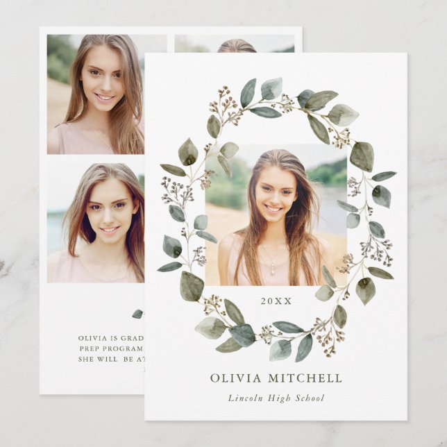 Eucalyptus Wreath | Multi Photo Grid Graduation Invitation (Front/Back)