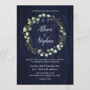 Eucalyptus Wreath Navy Blue Wedding Invitation