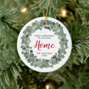 Eucalyptus Wreath Personalised 1st Xmas New Home Ceramic Tree Decoration