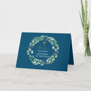 Eucalyptus Wreath Photo Boy Baptism First Birthday Thank You Card