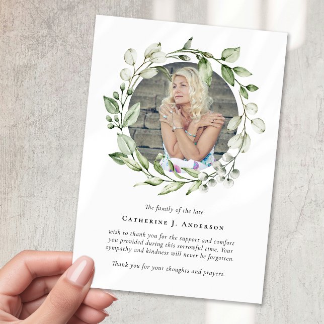 Eucalyptus Wreath Photo Sympathy Funeral Memorial Thank You Card (Creator Uploaded)