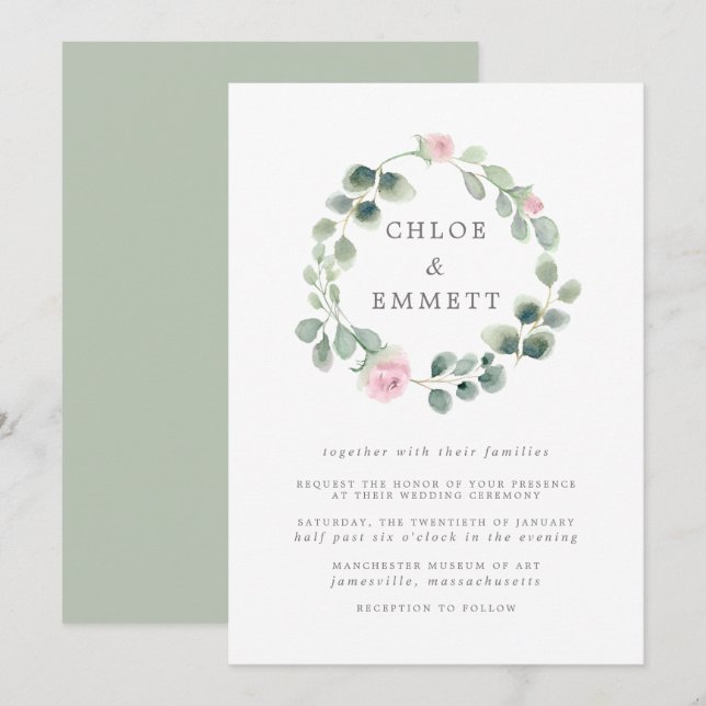 Eucalyptus Wreath, Pink Floral Wedding Invitation (Front/Back)