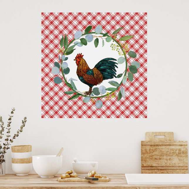 Eucalyptus Wreath & Rooster Farmhouse  Poster (Kitchen)