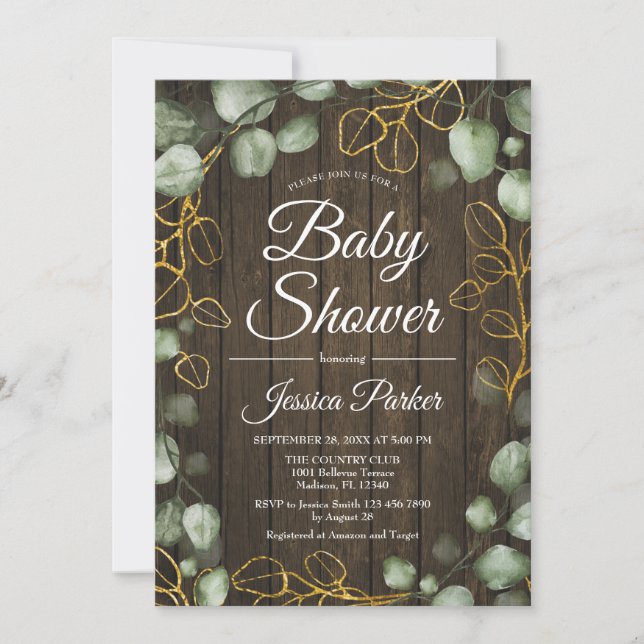 Eucalyptus Wreath Rustic Wood Baby Shower Invitation (Front)