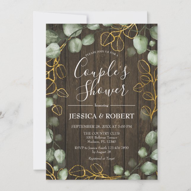 Eucalyptus Wreath Rustic Wood Couples Shower Invitation (Front)