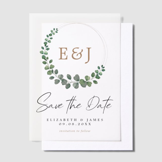 Eucalyptus Wreath Sage Green & Gold Save The Date Vellum Invitations (Offset)